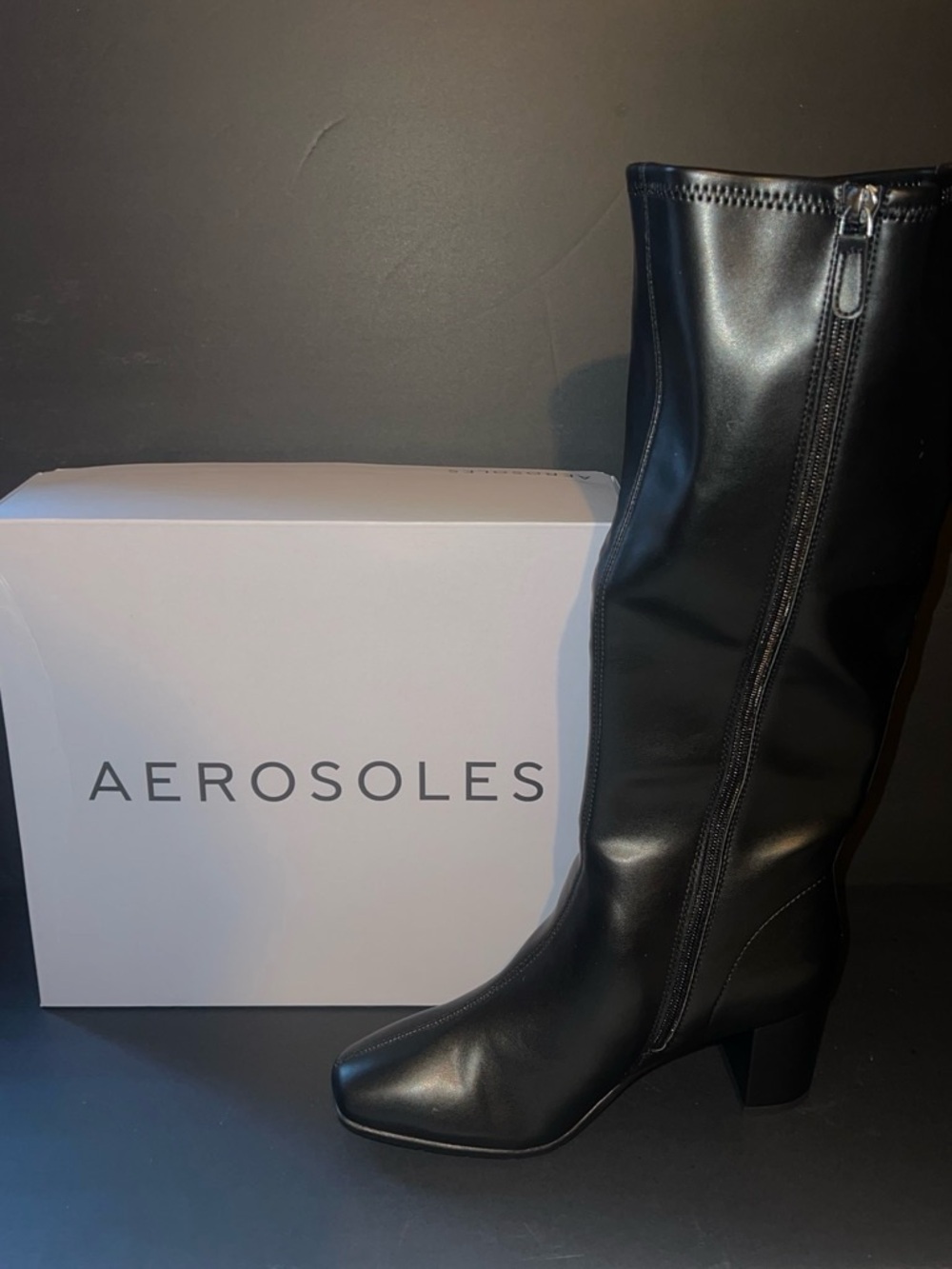 AEROSOLES Black Knee-High Block Heel Zip Boot